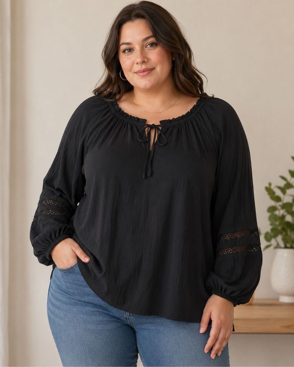 Torrid Size 2 Black Peasant Blouse Tie Neck Crochet Balloon Sleeve Boho Goth
